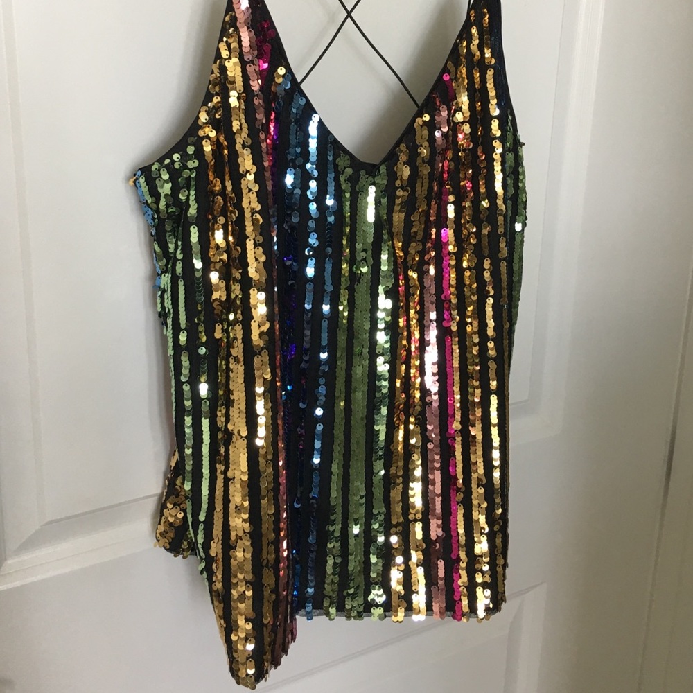 Spaghetti strap rainbow sequin top